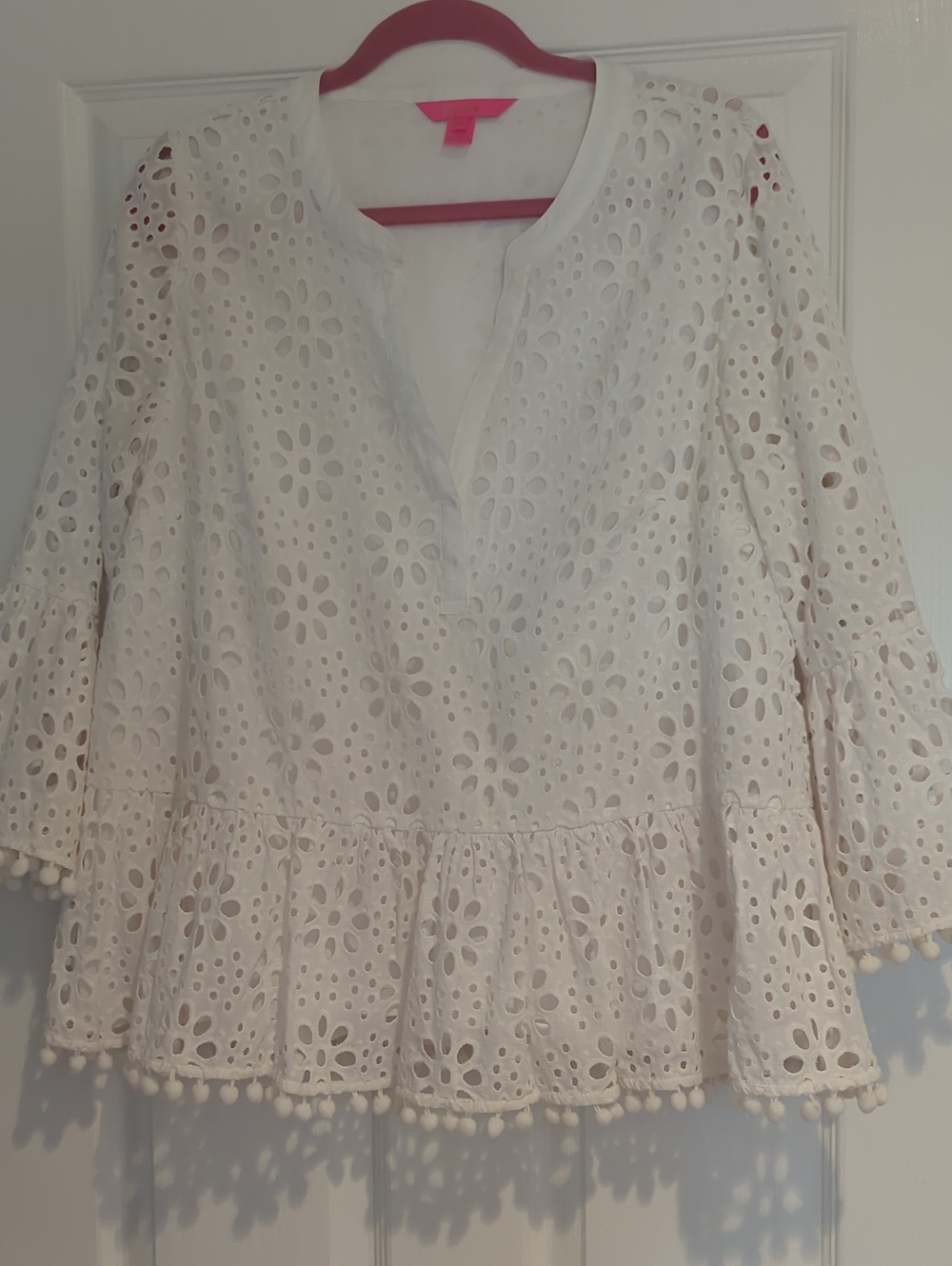 Lilly Pulitzer White Eyelet Peplum Blouse with Pom Trim